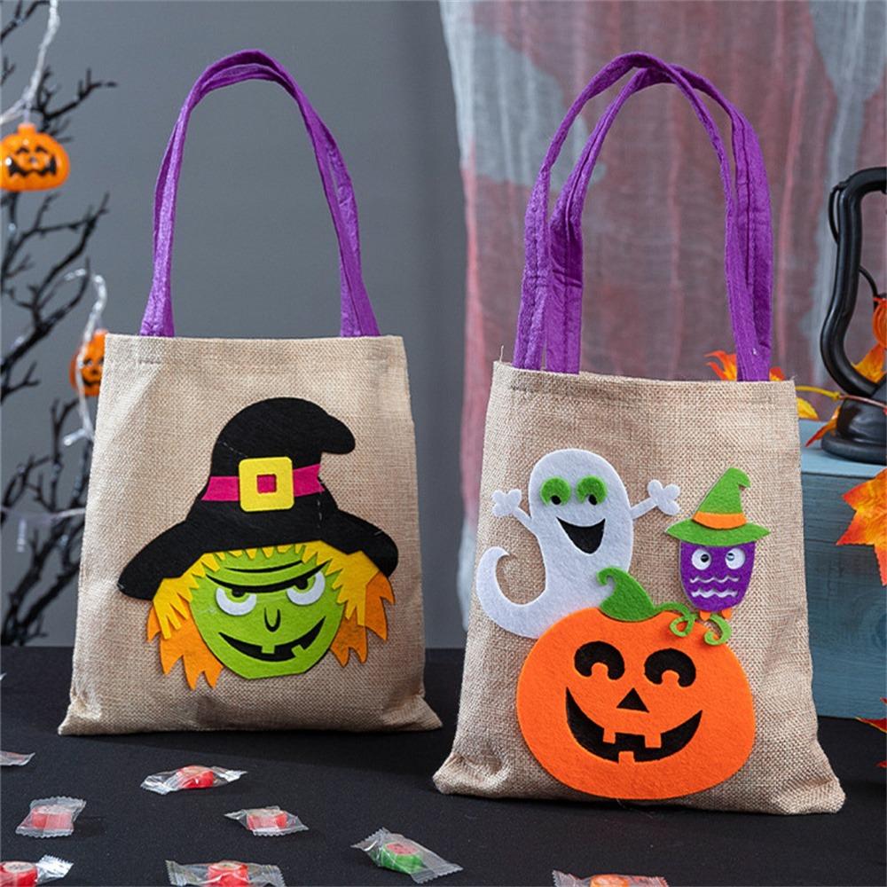 

Pumpkin Pattern Halloween Candy Tote Bag with Sequins Handbag Halloween Linen Candy Bag Gift