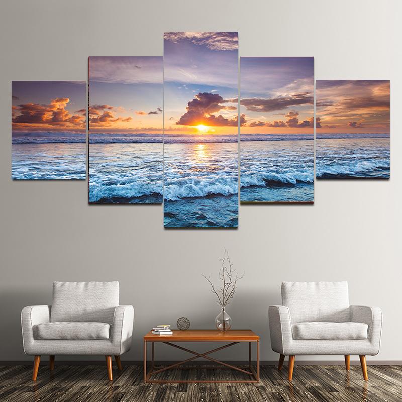 5 Pieces Natural Blue Beach Sunset Landscape Canvas Painting Seascape Posters And Prints Wall Art Pictures Home Decor No Frame