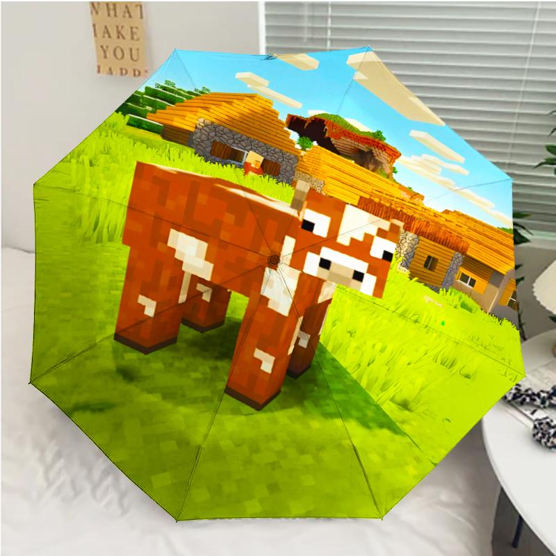 Minecraft5 Print Automatic Umbrella, 8 Rib Iron Frame, Plastic Handle, Suitable for Outdoor Travel &Daily , Ideal Gift