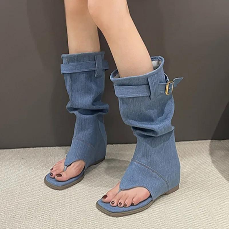 Women Canvas Denim Fashion Clip-toe Sandals 2024 Summer Outdoor Street Open-toed Sandals Casual Walking Flat Shoes Mujer Zapatos