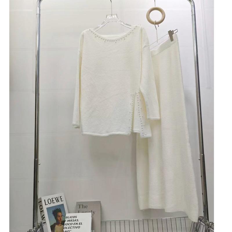 

Свитер с круглым вырезом и бисерным декором, юбка-двойка, осенне-зимний свободный вязаный комплект: юбка + вязаный свитер с разрезом. One size