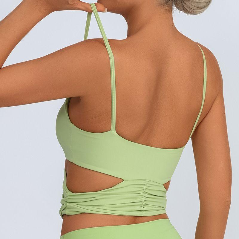 

Foreign Trade Cross-Border Yoga Vest Women s Belt Chest Pad Hollow Nude Feel Quick-Drying Sports Fitness Sling Top Wrap-around Bra Green buds L/8