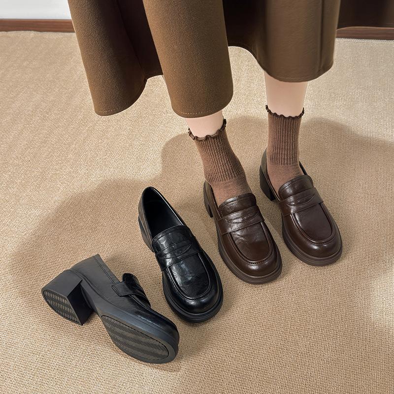 Rindslederversion~ Retro Dickabsatz Runde Zehenpartie Mode Einzelne Schuhe Britischer Stil Pendler High Heel JK Weichleder Ein-Pedal Slipper