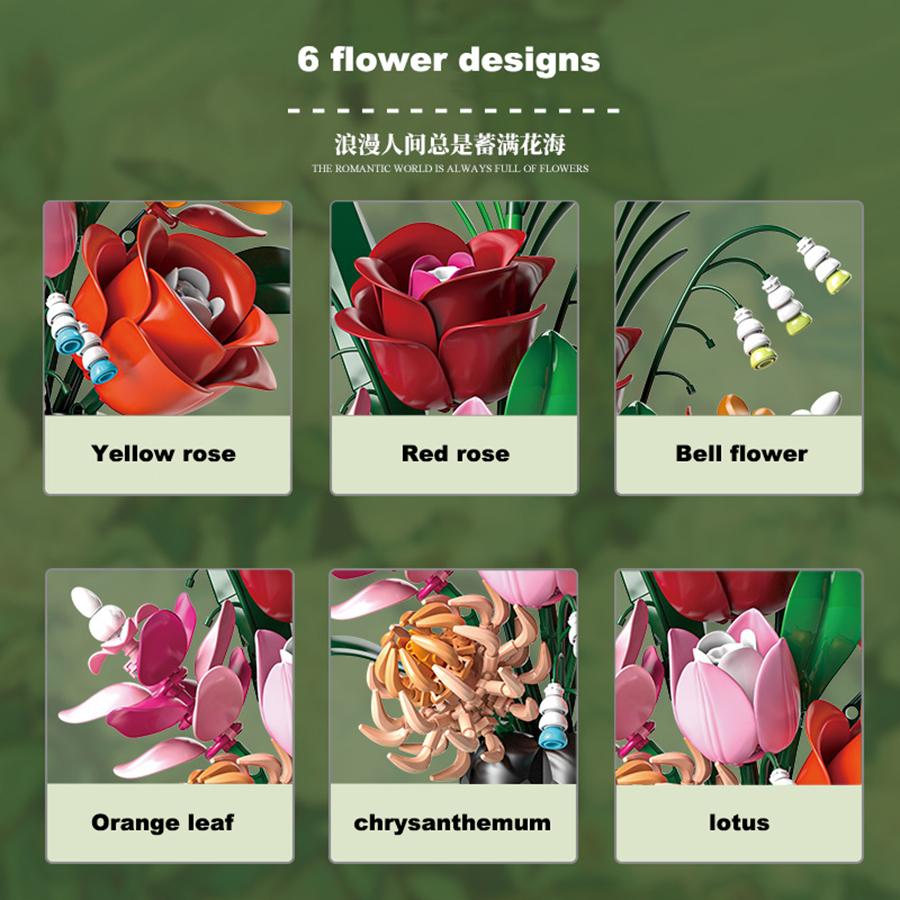 Non-Toxic 566Pcs Diy Daisy Rose Bouquet Building Blocks Plastic Flowers With Vase Children Toys Home Decor New Year Valentine'S Day Gifts