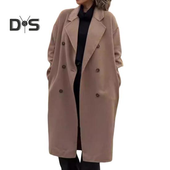 Women's Woolen Coat Autumn Winter Double-breasted Lapel Overcoat Loose-fit Solid Color Warm Long Coat for Office Daily Wear