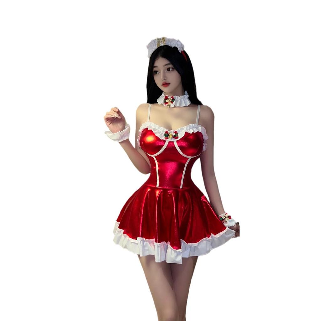 Seductive Christmas Lingerie: Shiny Camisole Dress & Cosplay Uniform