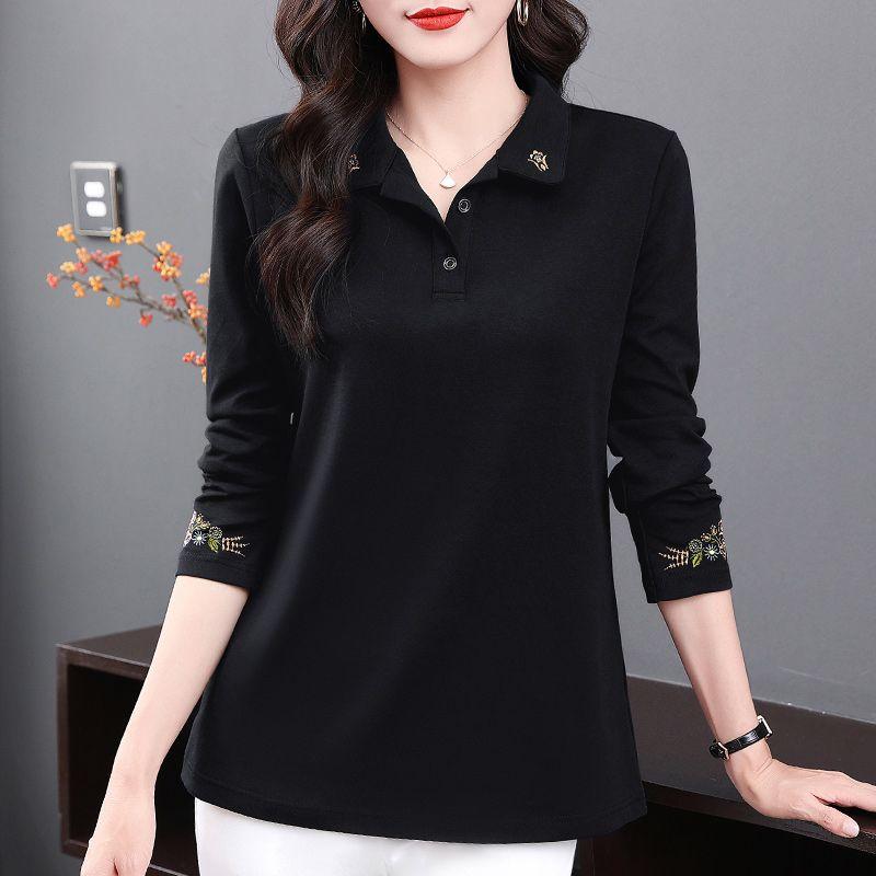 Spring Autumn Vintage Embroidery Women's Polo Collar Elegant T-shirts Korean Style Fashion Casual Long Sleeve Tops