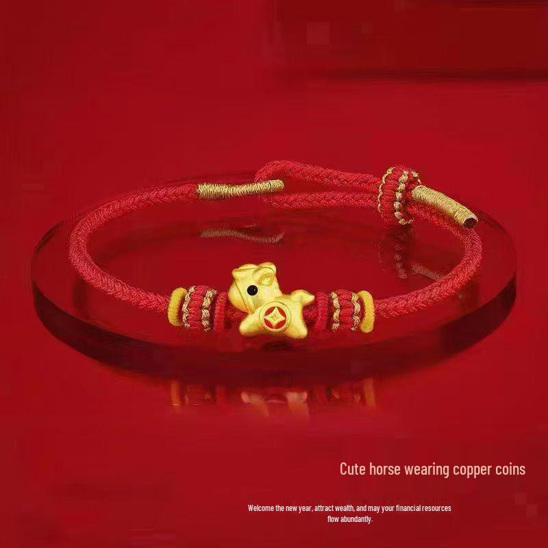 Gold 999 Zodiac Horse Charm Bracelet with Red Rope - Birth Year Gift for Girlfriend