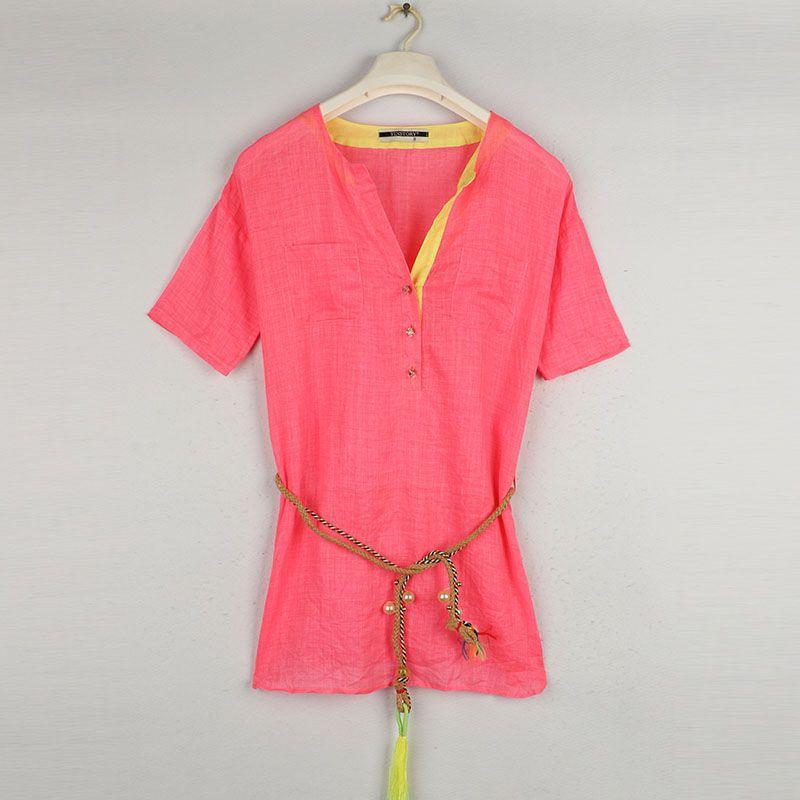 

Sunshine Home Summer New 100 Linen Korean Style Women clothes Mid-Length Short sleeve Thin Shirts With Belt Red Bust size 106