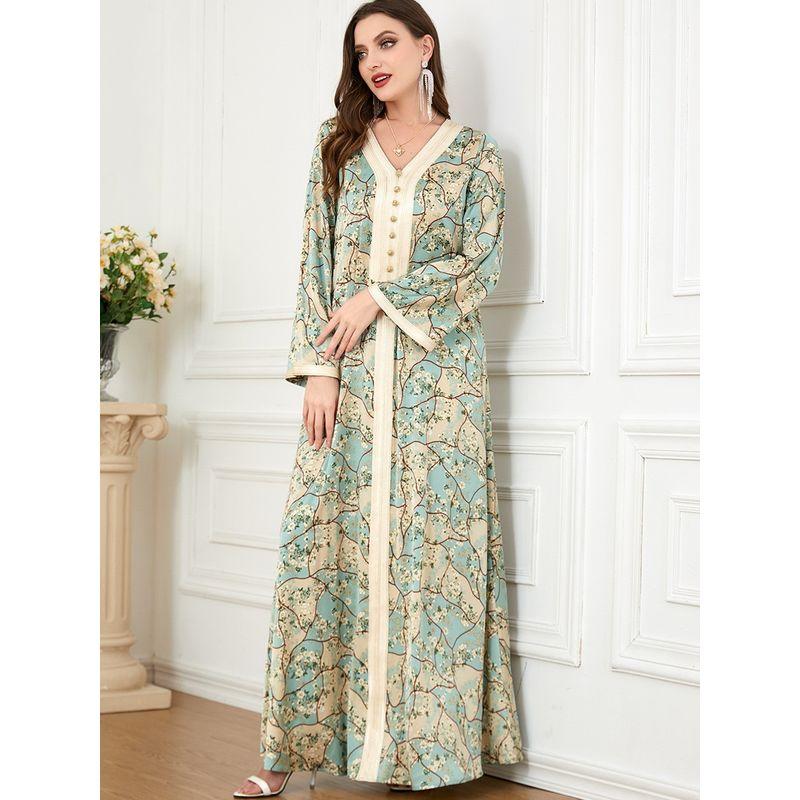 Middle East Indonesia Southeast Asia Robe V Neck Ribbon Print Women's Spring Summer Autumn Robe Long Sleeves Dress Dresses