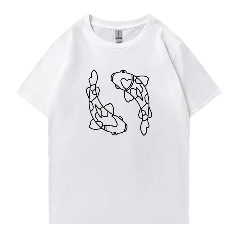Summer 2026 Minimal Koi Carp Print Oversized Tshirt 100 Cotton Unisex Women Short Sleeve Tee Shirt Unisex Casual Popular Clothing