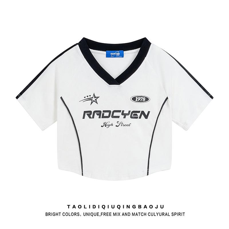 

Escape Earth Модный кроп-топ с V-образным вырезом и цветными блоками - Женская летняя футболка облегающего кроя XL (Recommended for 52.5-60 kg) белый