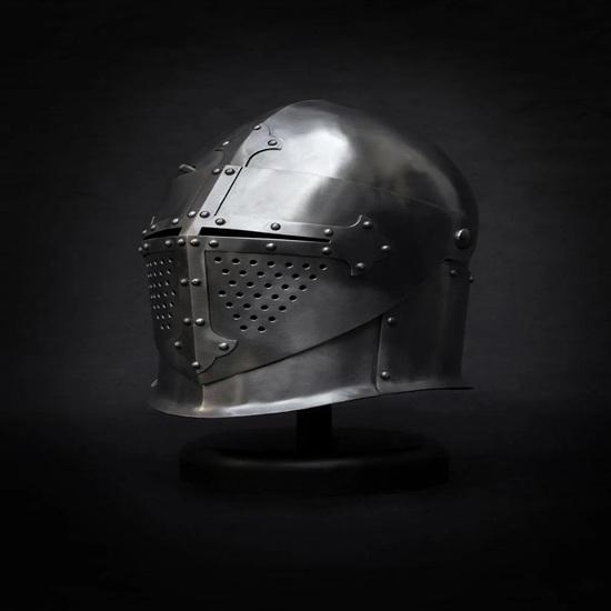 Sugarloaf Helmet with Stand 14th Century Crusader Knight Armor Medieval Visored Helmet with Steel Cross LARP SCA Reenactment Gift