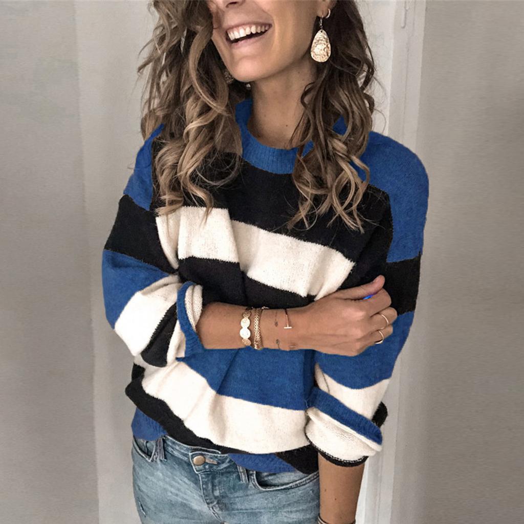 Fashion Women  Long Sleeve Striped Print Casual Knitted Loose Sweater Top