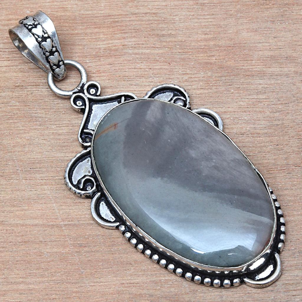 Pendant Polygram Jasper Gemstone Valentine'Day Gift Silver Jewelry 2.75"