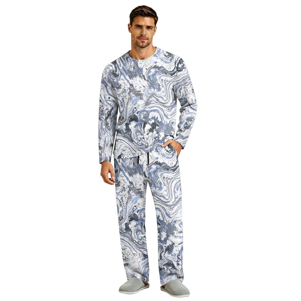 Men's Pajama Set Long Sleeve Top and Long Pants with Button Crotch and Elastic Drawstring Waist for Home Loungewear