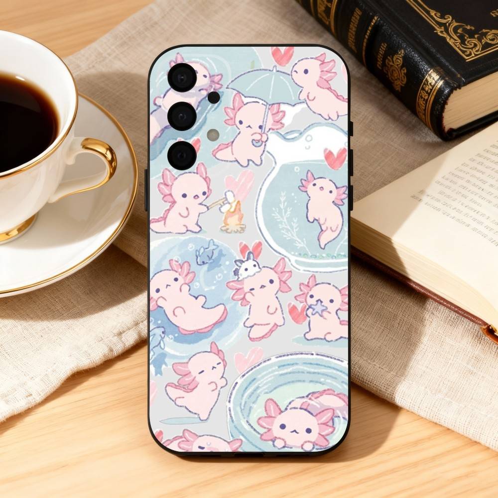 Cute C-Cartoon Axolotl Phone Case For Samsung Galaxy A73,A72,A71,A70,A53,A52,A51,Soft Silicone Black Cover