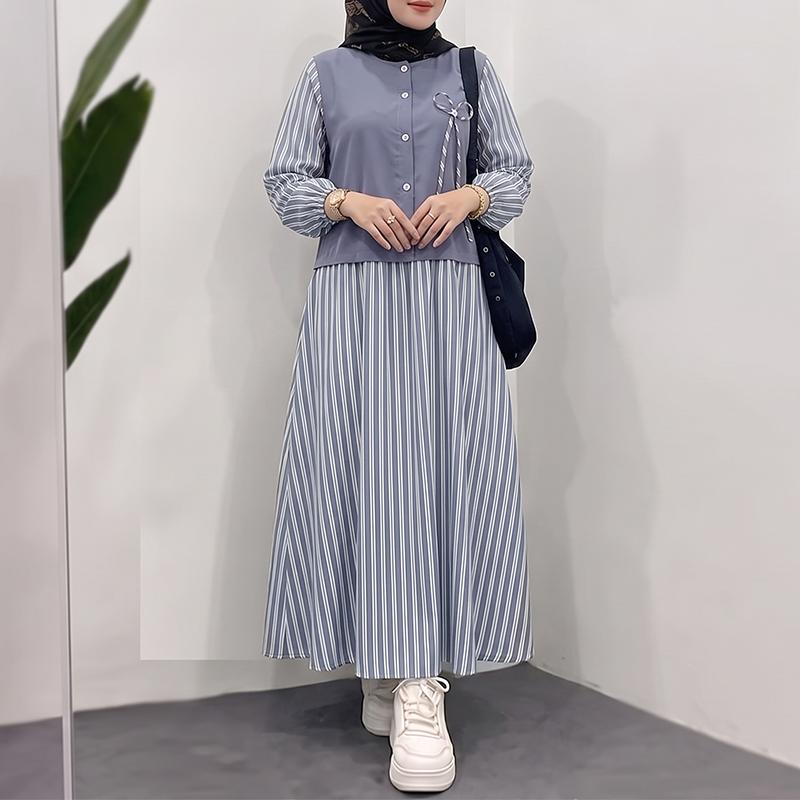 ZANZEA Women Casual Round Neck Long Sleeve Stripe Splice Loose Long Dress S