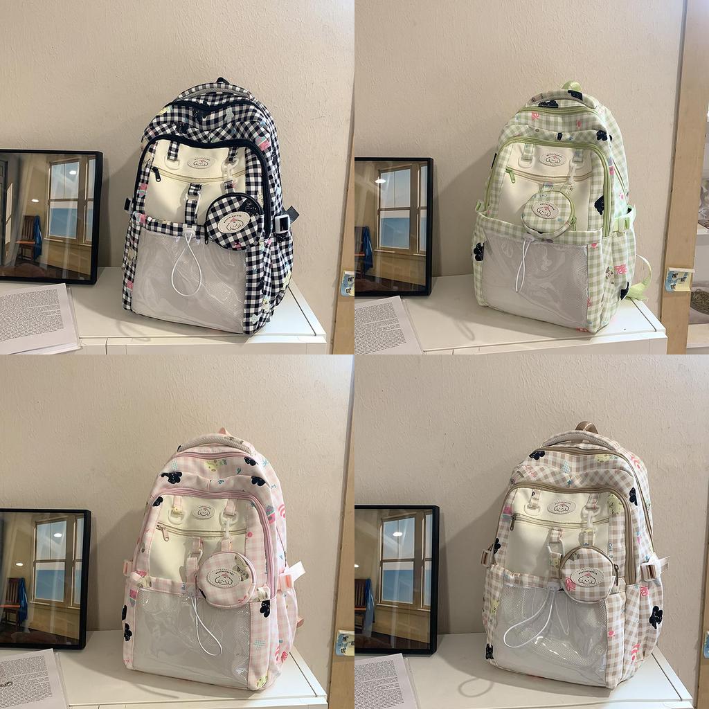 Unisex Geometric Pattern Canvas Backpack With Grid And Cartoon Dog Cat Print Design For School And Outings