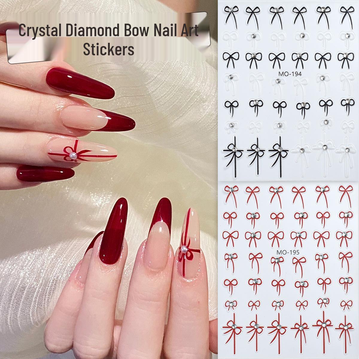

3D Embossed Crystal Bow Nail Stickers - Black & White Self-Adhesive Decals