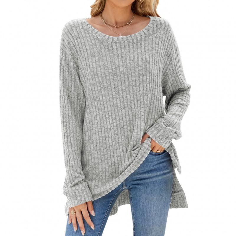 Womens Ribbed Brushed Cotton Long Sleeve Loose Fit Crew Neck Tee Top Winter