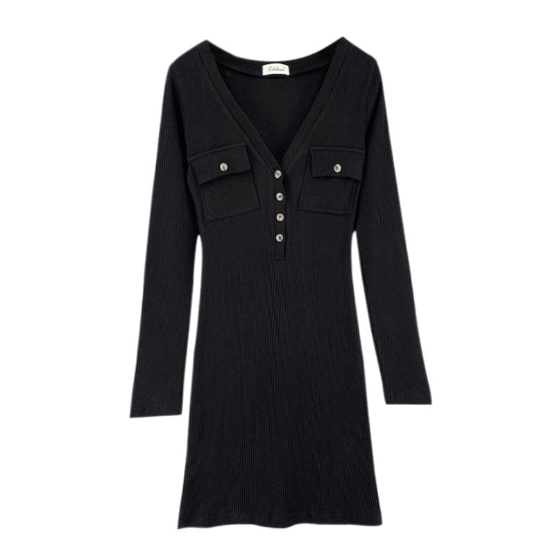 

Женское трикотажное платье с длинным рукавом и v-образным вырезом с передним нагрудным карманом M