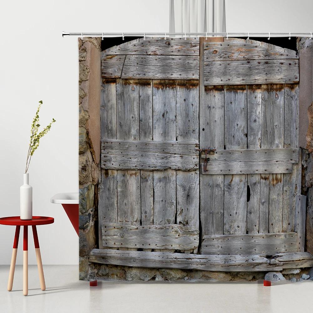 Bauernhaus Dekorativer Duschvorhang aus Holztür Retro Rustikale Scheunenholztür Europa Western Country Home Decor Badvorhanghaken