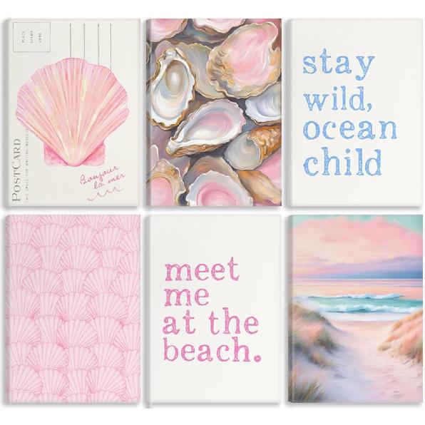 Pink Beach Preppy Wall art Coastal Granddaughter Aesthetic Room Painting Picture Wall Decor Shells Oyster Poster Print Artwork for Girls Room Girls