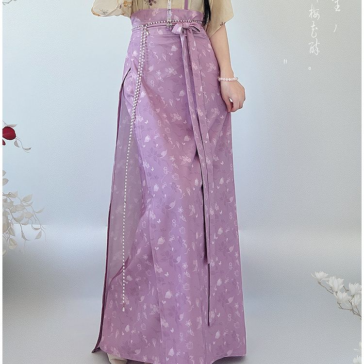 Chinese Song Dynasty Style Hanfu For Women, Printed Improved Crew Neck Shirt And One-piece Skirt Daily Suit