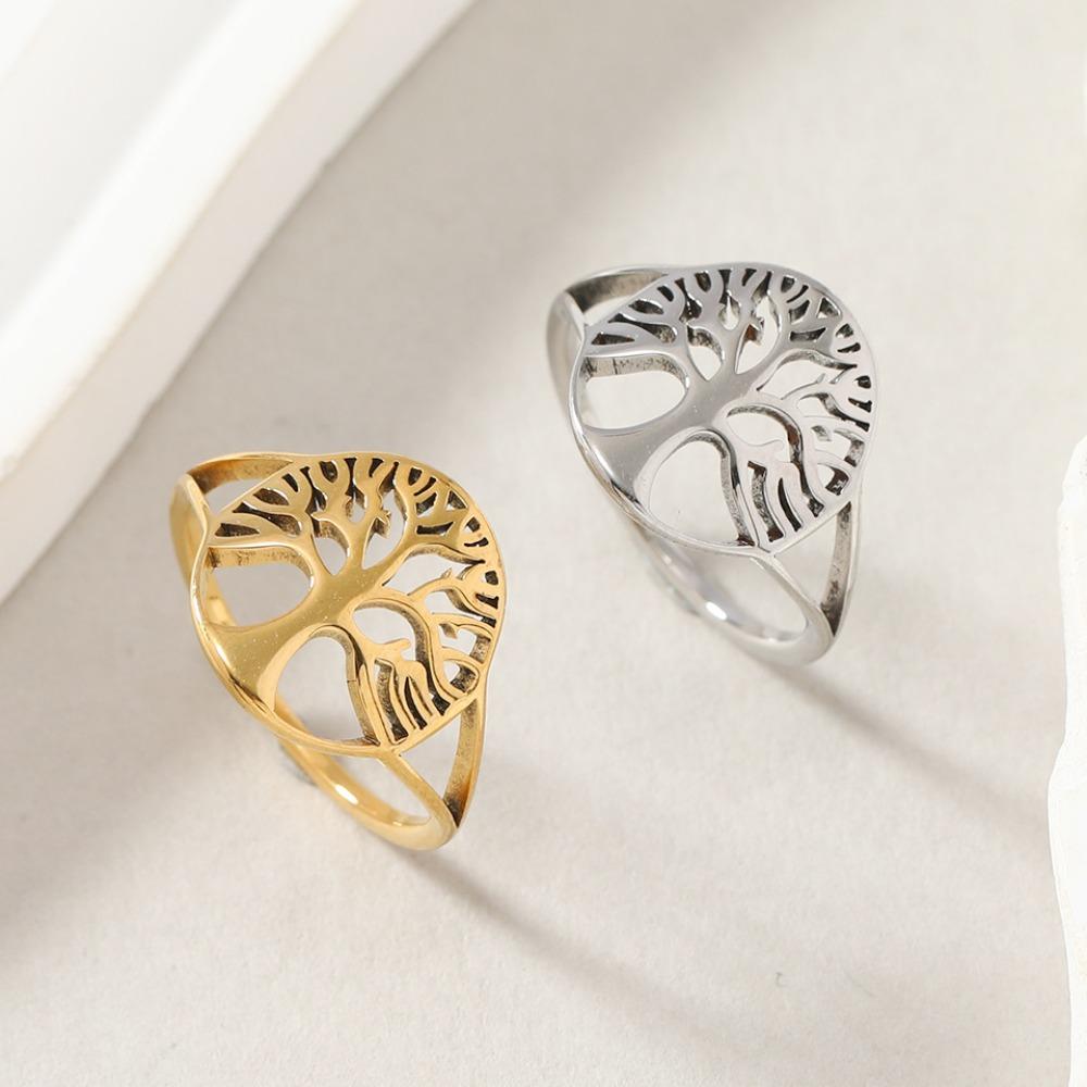 Creative Personality Stainless Steel Circle Hollowed-out Life Tree Couple Rings for Men Women Trendy Hip-hop Amulet Jewelry Gift