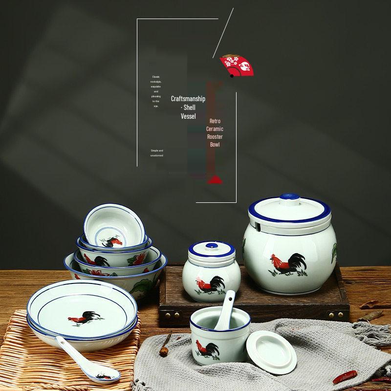 Keramik-Retro-Hahnschüssel - Nostalgisches Kampfhahn-Design