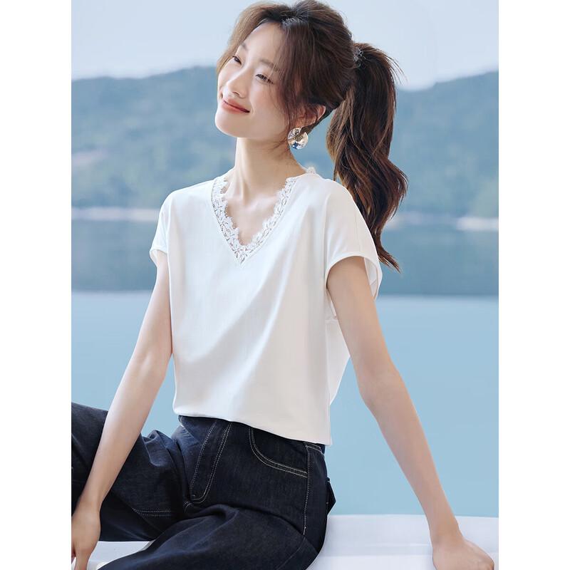 Women s Eyelash Lace Trim V-Neck Short Sleeve T-Shirt M