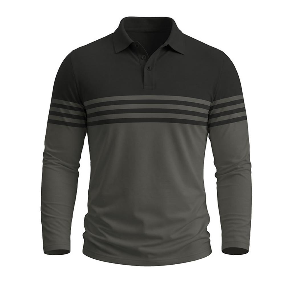 Men's Long Sleeve Striped Color Block T-Shirt with Collar for Casual Layering