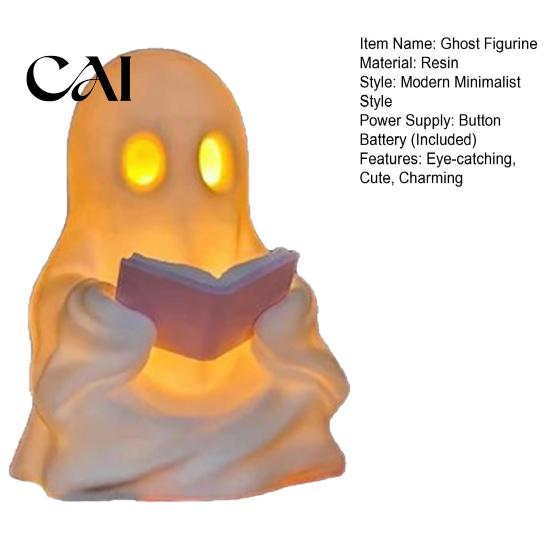 Halloween Room Decor Cute Ghost Reading Book Lamp, Lighted Figurine with Warm LED Ornament Light, Night Light for Mantel Shelf Table Indoor