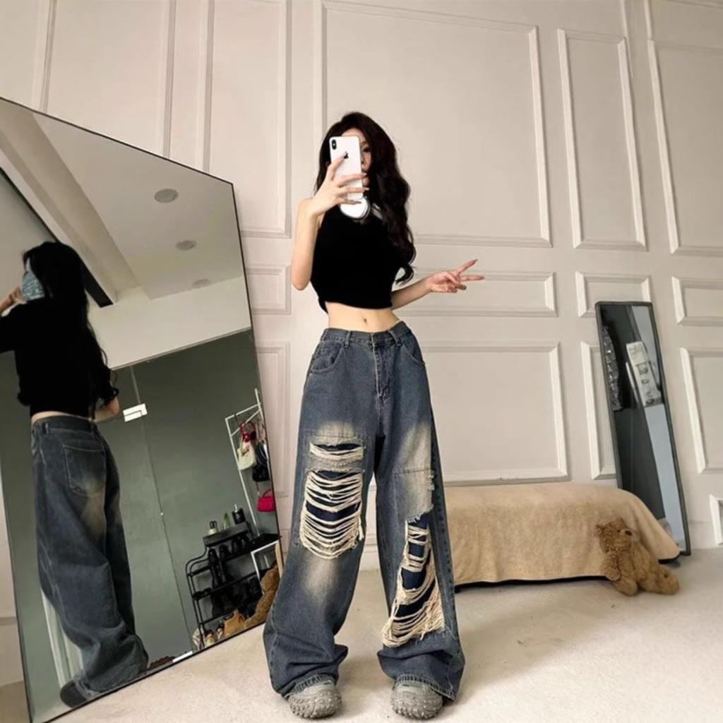 Women's High Waist Distressed Wide Leg Jeans Retro Streetwear Baggy Denim Pants