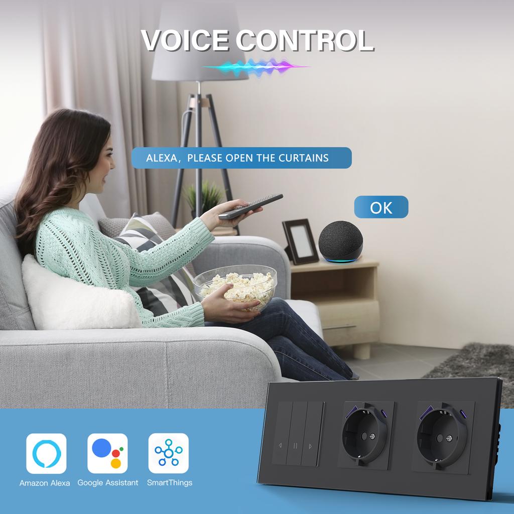 BSEED Smart Curtain Switch Series Wall WIFI Click Switches Yellow Backlight Glass Frame Tuya APP Switch EU Wall Sockets with USB