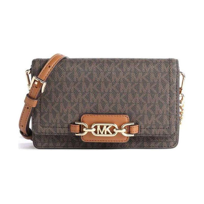 Michael Kors Heather Commuter Gold Logo Plate Flap Retro Color Block Presbyopia PVC Crossbody Shoulder Bag Regular Women's Brown