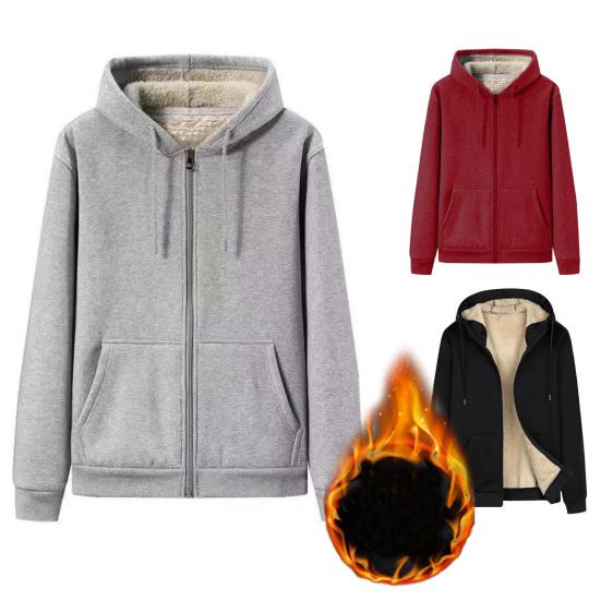 Men Hoodie Coat Solid Color Hooded Thicken Plush Winter Jacket for Daily Wear