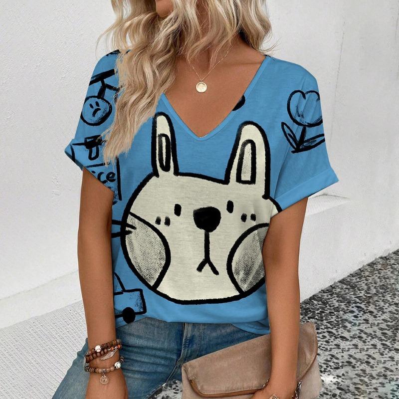 Summer Simple Trendy V-neck T-shirt Loose Casual Cat 3D Digital Printed Casual Short Sleeve T-Shirts Women’s