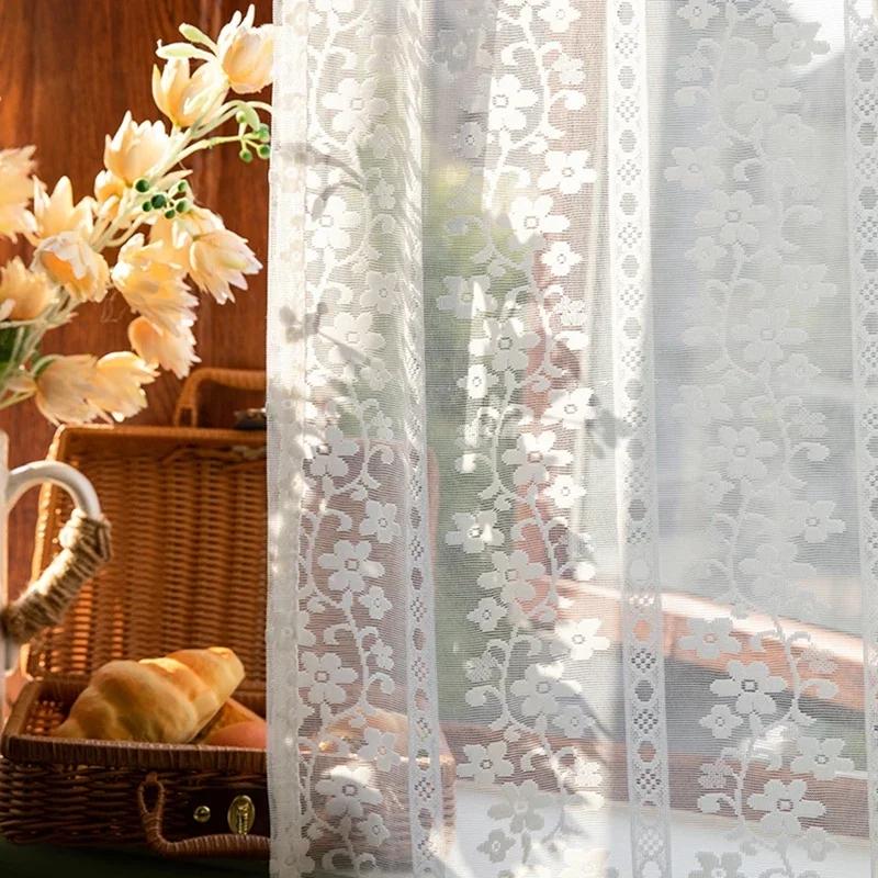 1 Panel,Rod Pocket White Flower Lace Tulle Curtain for Window Sliding Door Kitchen Light Translucent Living Room Sheer Romantic Home Decoration