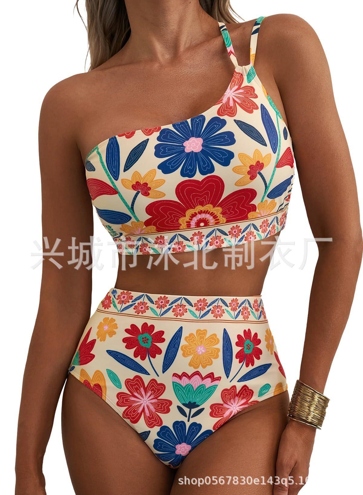 New single shoulder high waist bikini female sexy multi-color printing slim split swimsuit female S