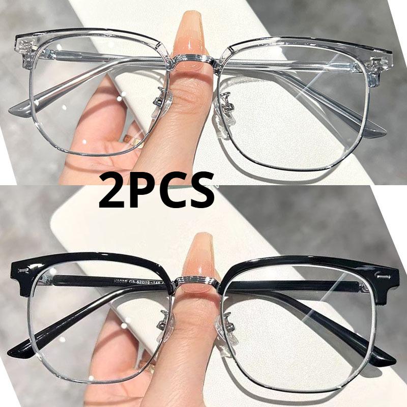2Pcs Fashion Square Myopia Glasses Anti-Blue Light Glasses Men Rectangle Semi Rimless Eyewear For Women Office Computer Goggle