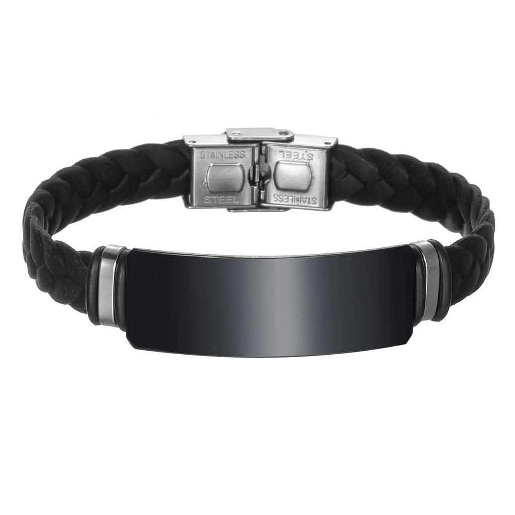 Fashion Blank Curve Polishing Stainless Steel Square Charm Geometric Bracelet Black Silicone Wrap Anniversary Men's