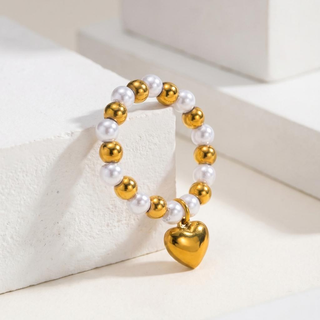 Two-Tone Pearl Ring Heart Charm Elastic Band, 18K Gold Plated Stainless Steel Satellite Bead, Stretchy Y2K Jewelry