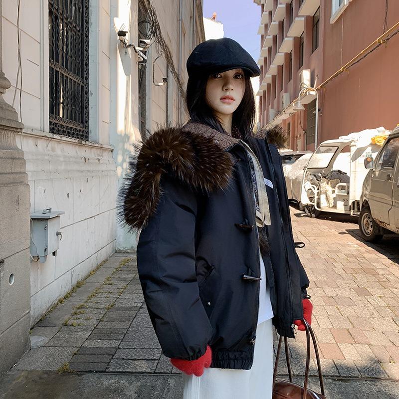 Big Fur Collar Hooded Cotton Jacket Women's Short New Winter Small Thickened Tooling Pie Overcome