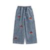 YouYou Girls' Cherry Embroidery Loose Straight Denim Jeans