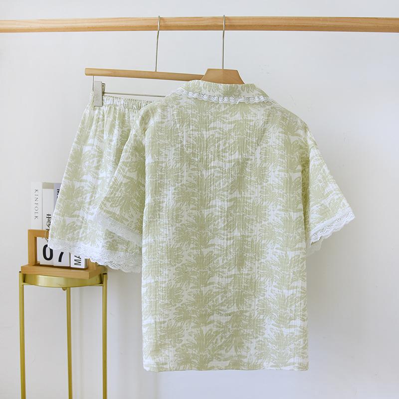 New Japanese Women's Pajama Set 100% Cotton Crepe Short Sleeve Shorts Two Piece Ladies Cardigan Home Furnishing Sleepwear