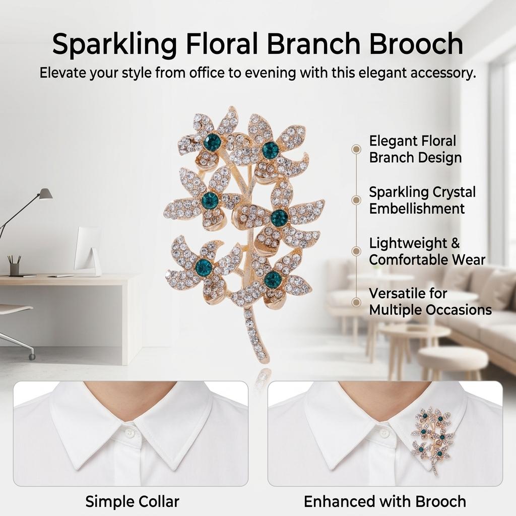 Rhinestone Six-Flower Branch Brooch Zinc Alloy Lightweight Elegant Jewelry For Women