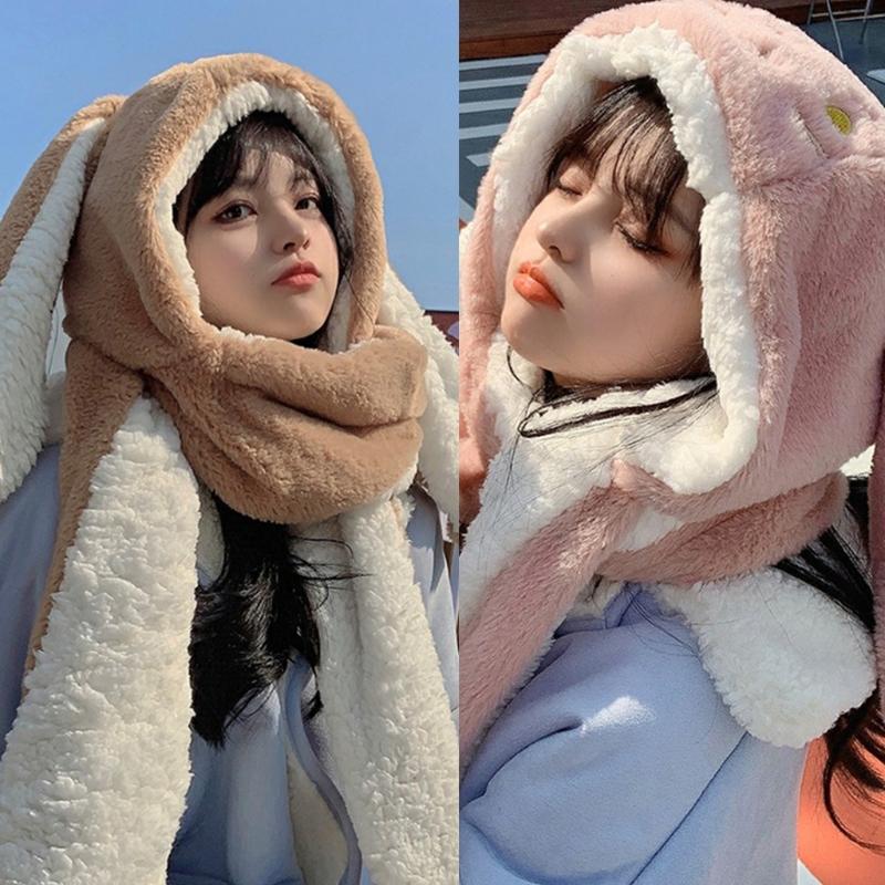 3in1 Winter Hat Glove Scarf Set Warmer Soft Plush Cartoon Rabbit Hat for Student