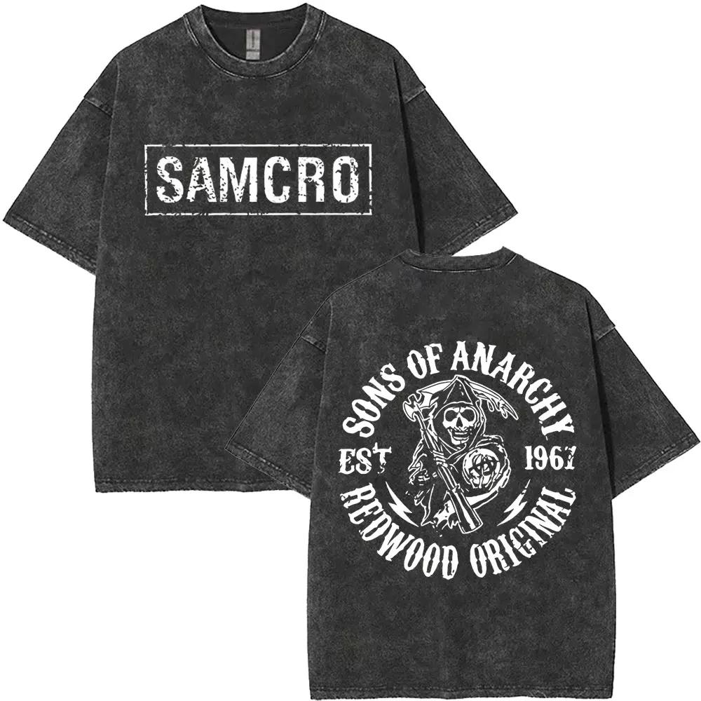 Hot Limited Anarchy Son Samcro Graphic Print Vintage Washed T-shirt Men Women Streetwear Skeleton Hip Hop Rock Casual Short Sleeve Loose Oversized Top